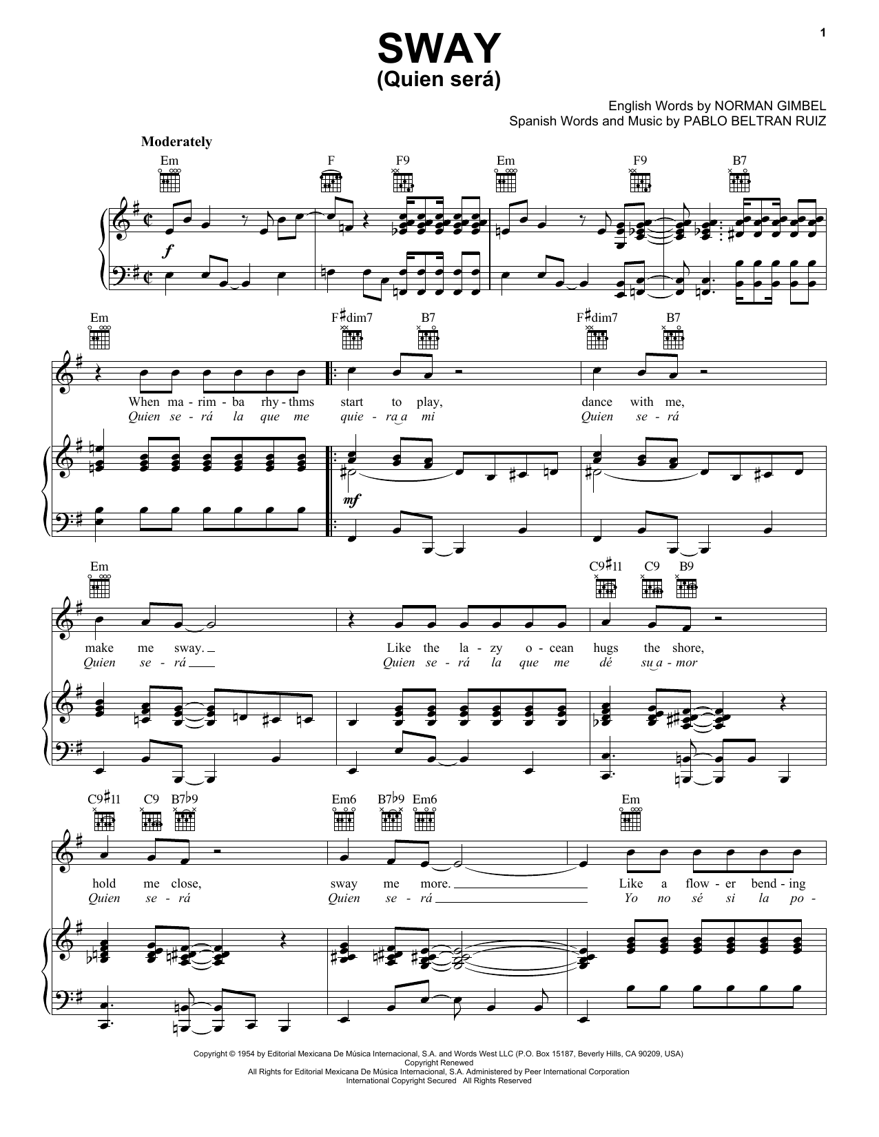 Dean Martin Sway (Quien Sera) Sheet Music Notes & Chords for Piano, Vocal & Guitar (Right-Hand Melody) - Download or Print PDF