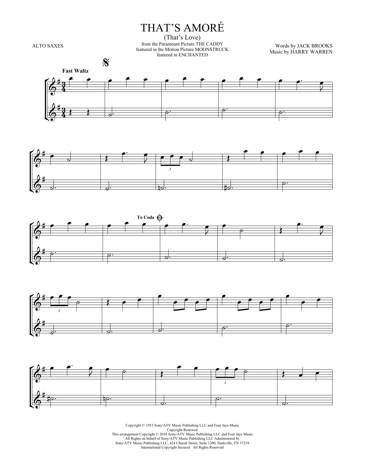 Harry Warren That's Amore (That's Love) Sheet Music Notes & Chords for Alto Sax Duet - Download or Print PDF