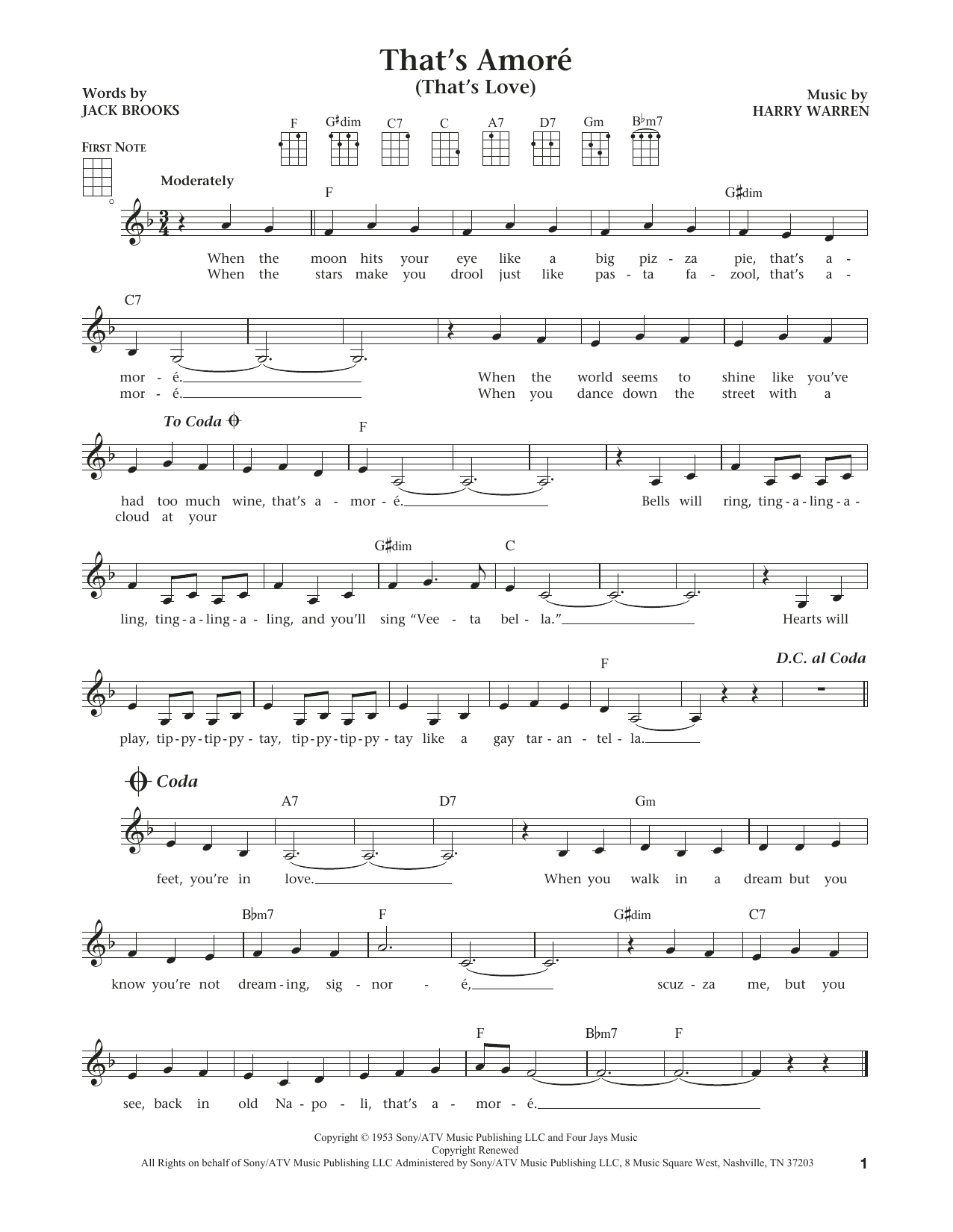 Harry Warren That's Amore (That's Love) (from The Daily Ukulele) (arr. Liz and Jim Beloff) Sheet Music Notes & Chords for Ukulele - Download or Print PDF