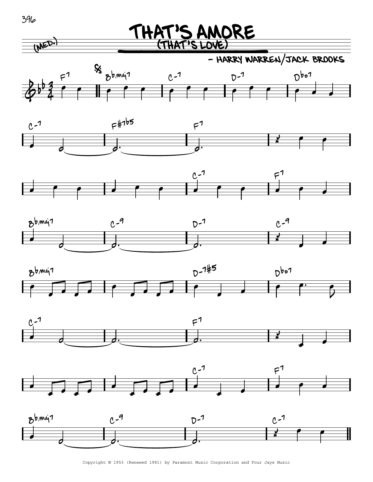 Harry Warren That's Amore (That's Love) [Reharmonized version] (arr. Jack Grassel) Sheet Music Notes & Chords for Real Book – Melody & Chords - Download or Print PDF