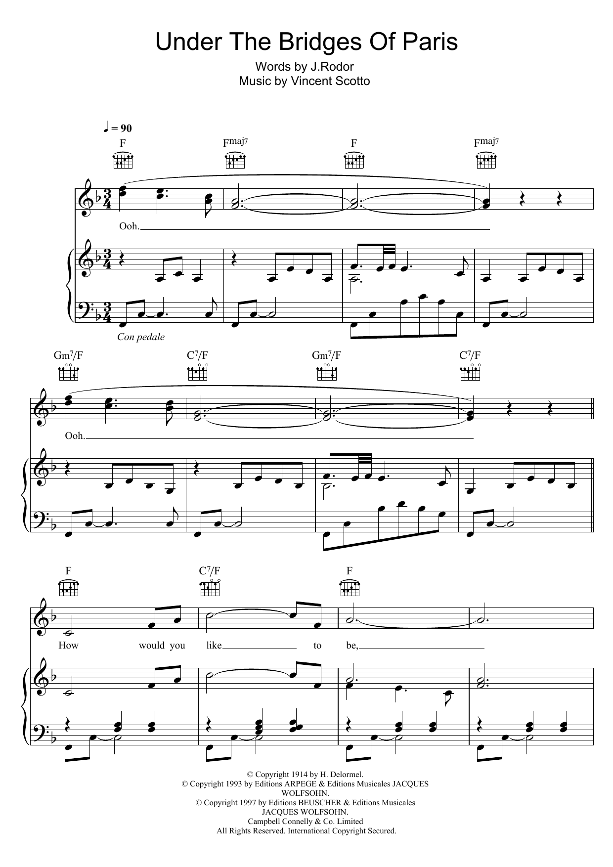 Dean Martin Under The Bridges Of Paris (Sous Les Ponts De Paris) Sheet Music Notes & Chords for Piano, Vocal & Guitar (Right-Hand Melody) - Download or Print PDF