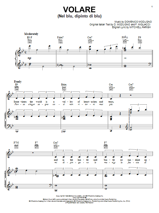 Dean Martin Volare (Nel Blu, Dipinto Di Blu) Sheet Music Notes & Chords for Piano & Vocal - Download or Print PDF