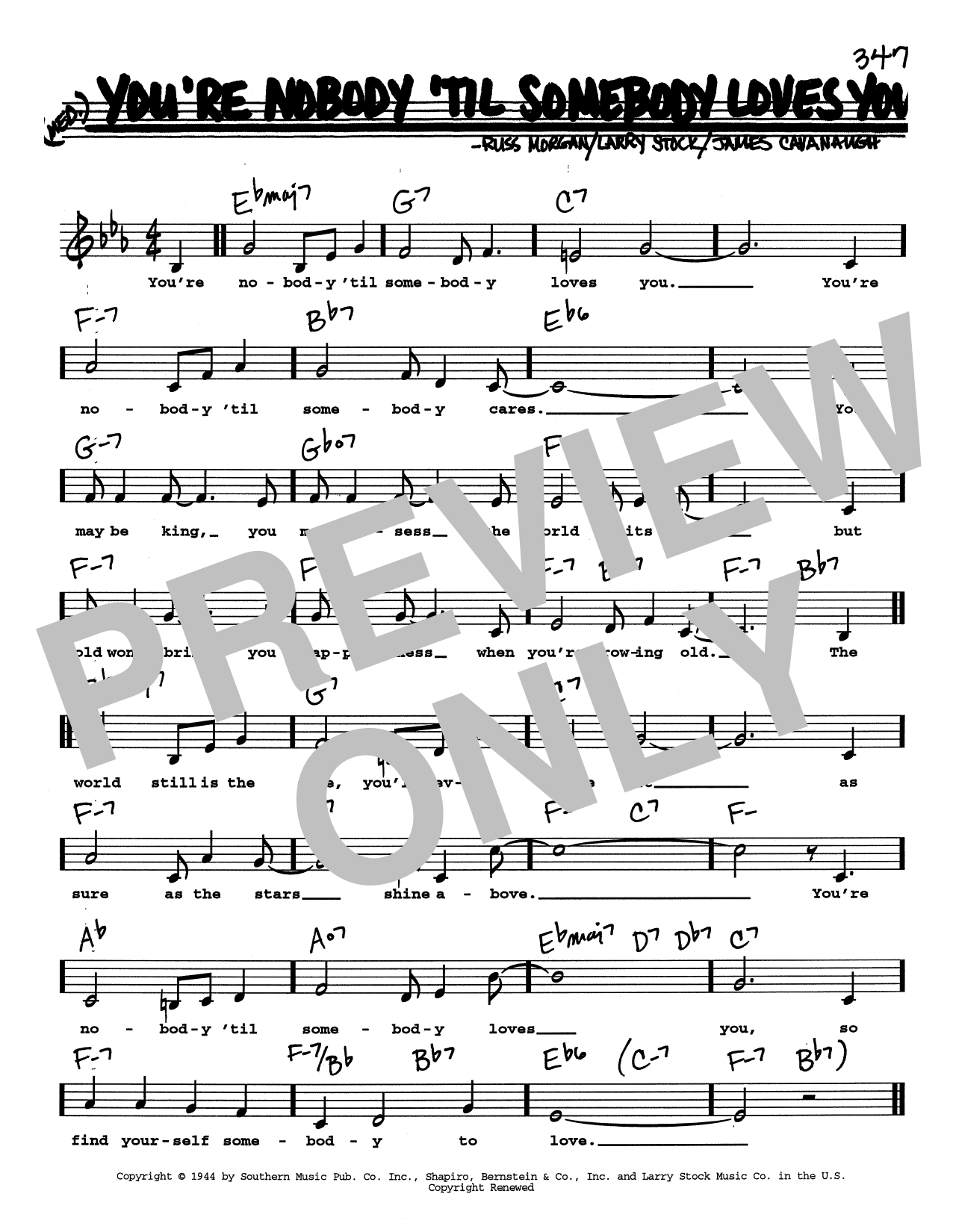 Dean Martin You're Nobody 'til Somebody Loves You (Low Voice) Sheet Music Notes & Chords for Real Book – Melody, Lyrics & Chords - Download or Print PDF