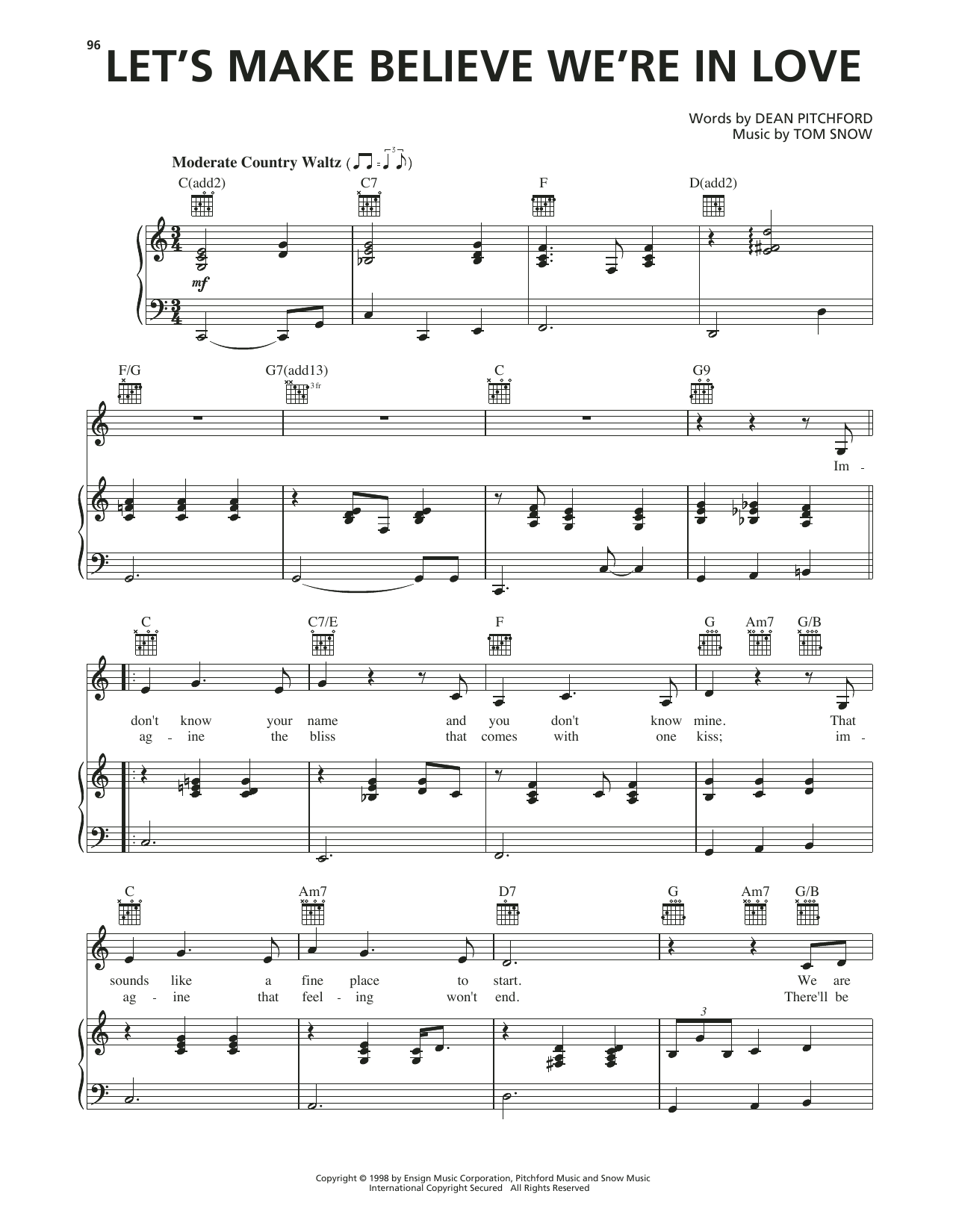Dean Pitchford Let's Make Believe We're In Love (from Footloose) Sheet Music Notes & Chords for Piano, Vocal & Guitar Chords (Right-Hand Melody) - Download or Print PDF