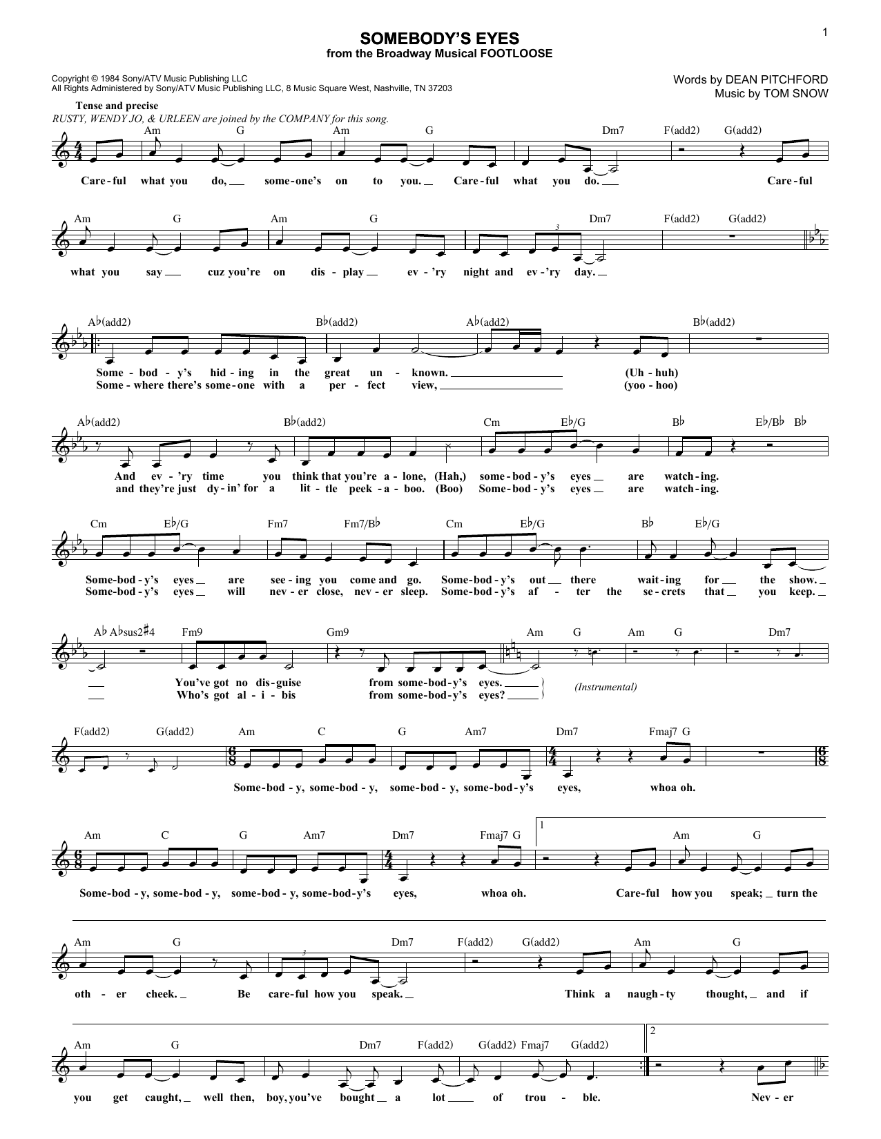 Dean Pitchford Somebody's Eyes Sheet Music Notes & Chords for Melody Line, Lyrics & Chords - Download or Print PDF