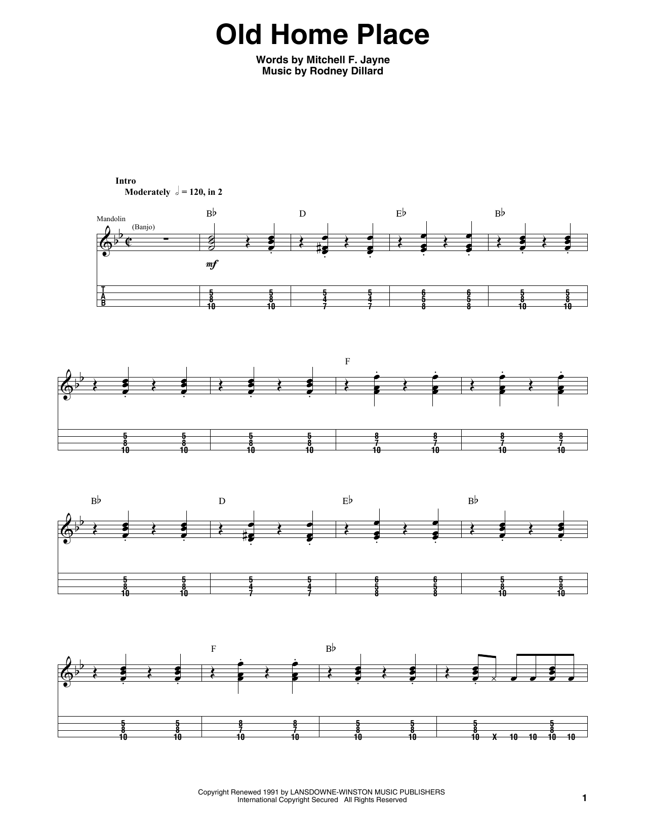 Dean Webb Old Home Place Sheet Music Notes & Chords for Mandolin Tab - Download or Print PDF