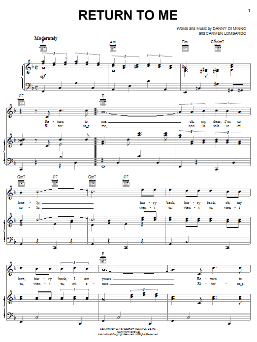 Preview Dean Martin Return To Me Pop sheet music, notes and chords for Piano, Vocal & Guitar (Right-Hand Melody), SKU: 21478 Return To Me sheet music