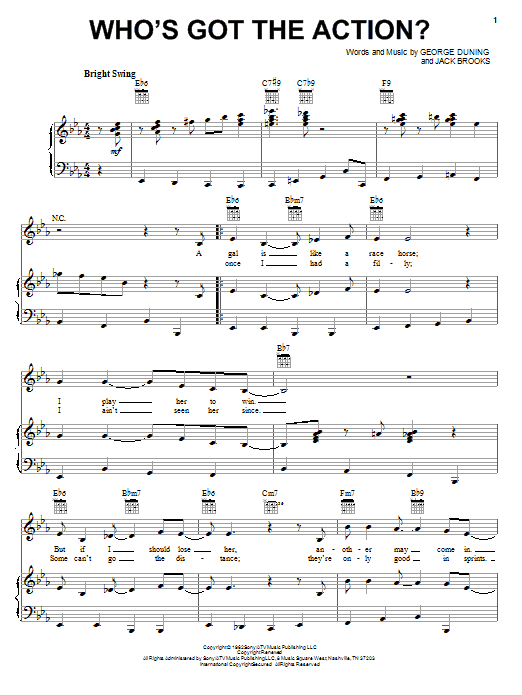 Preview Dean Martin Who's Got The Action Pop sheet music, notes and chords for Piano, Vocal & Guitar (Right-Hand Melody), SKU: 81279 Who's Got The Action sheet music
