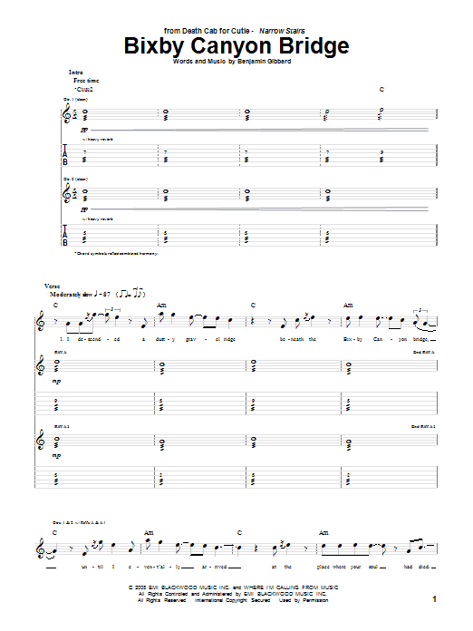Death Cab For Cutie Bixby Canyon Bridge Sheet Music Notes & Chords for Guitar Tab - Download or Print PDF