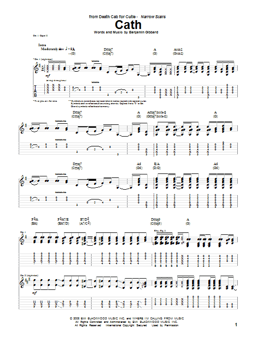 Death Cab For Cutie Cath Sheet Music Notes & Chords for Guitar Tab - Download or Print PDF