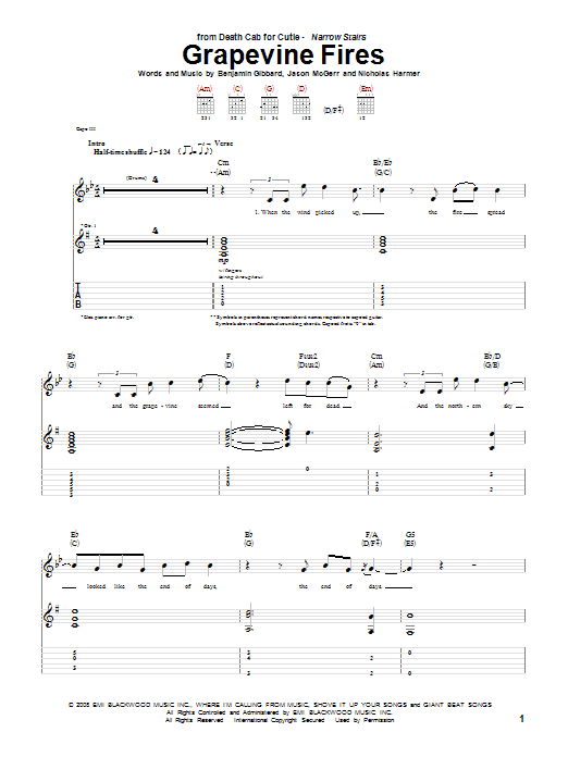 Death Cab For Cutie Grapevine Fires Sheet Music Notes & Chords for Guitar Tab - Download or Print PDF