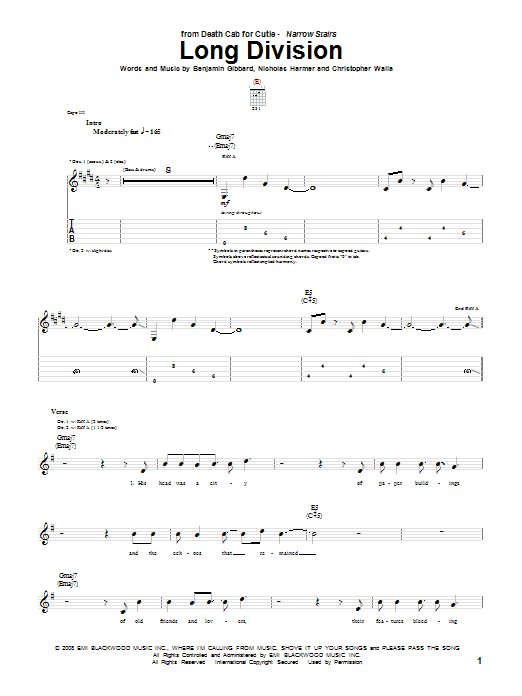 Death Cab For Cutie Long Division Sheet Music Notes & Chords for Guitar Tab - Download or Print PDF
