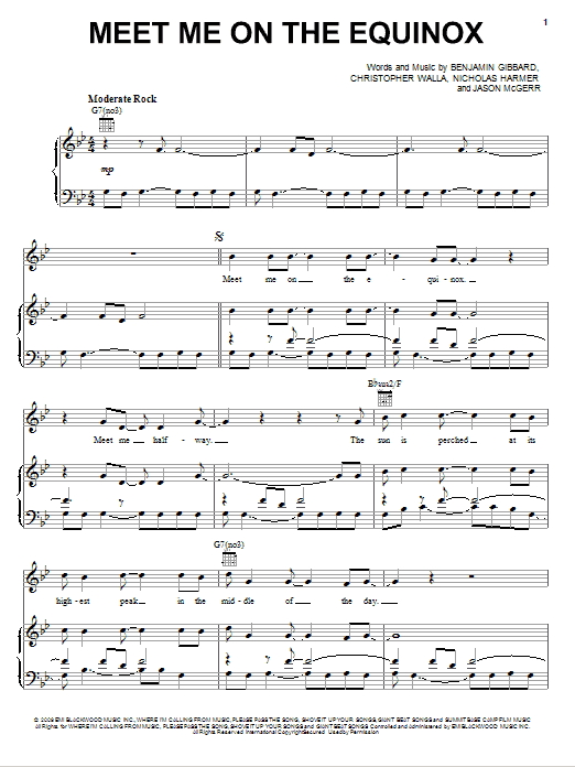 Death Cab For Cutie Meet Me On The Equinox Sheet Music Notes & Chords for Piano, Vocal & Guitar (Right-Hand Melody) - Download or Print PDF