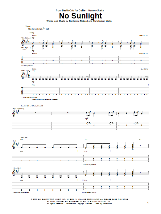 Death Cab For Cutie No Sunlight Sheet Music Notes & Chords for Guitar Tab - Download or Print PDF