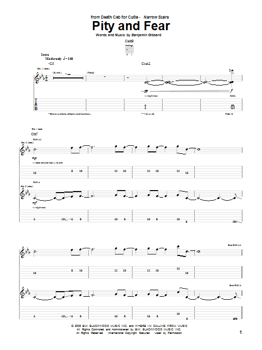 Death Cab For Cutie Pity And Fear Sheet Music Notes & Chords for Guitar Tab - Download or Print PDF