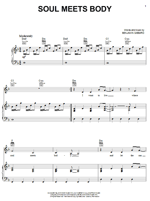 Death Cab For Cutie Soul Meets Body Sheet Music Notes & Chords for Piano, Vocal & Guitar (Right-Hand Melody) - Download or Print PDF Death Cab For Cutie Soul Meets Body Sheet Music Notes & Chords for Piano, Vocal & Guitar (Right-Hand Melody) - Download or Print PDF
