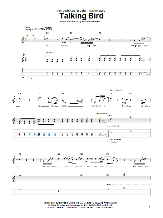 Death Cab For Cutie Talking Bird Sheet Music Notes & Chords for Guitar Tab - Download or Print PDF