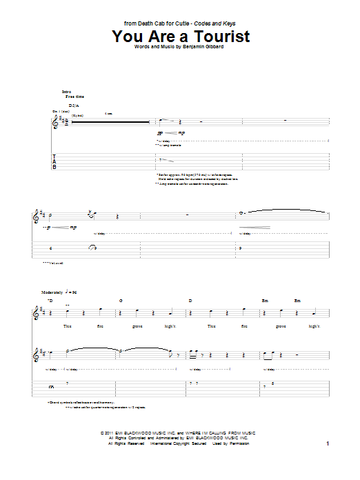 Death Cab For Cutie You Are A Tourist Sheet Music Notes & Chords for Guitar Tab - Download or Print PDF