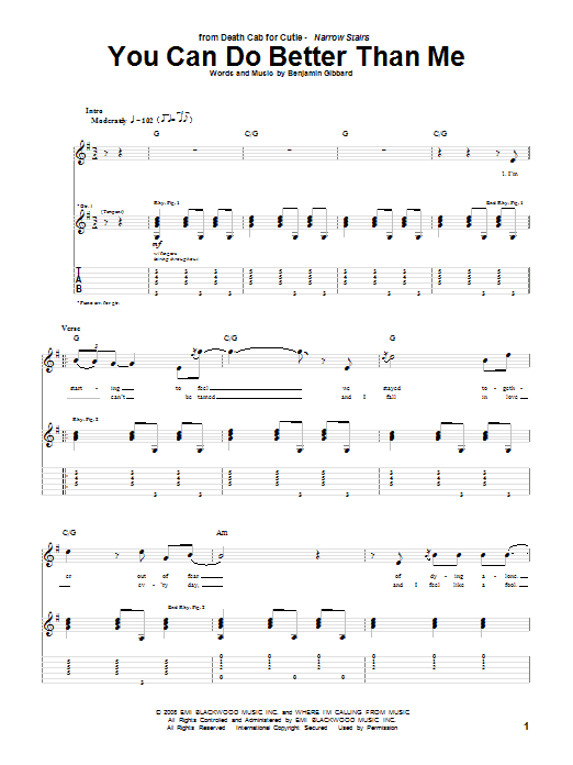 Death Cab For Cutie You Can Do Better Than Me Sheet Music Notes & Chords for Guitar Tab - Download or Print PDF