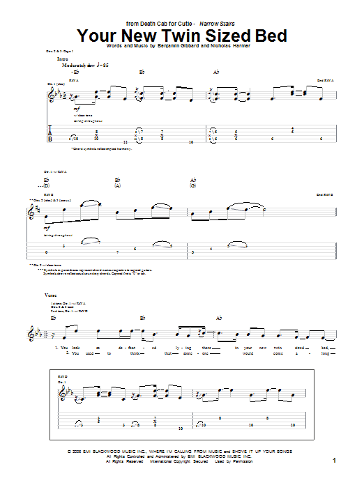 Death Cab For Cutie Your New Twin Sized Bed Sheet Music Notes & Chords for Guitar Tab - Download or Print PDF