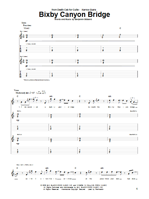 Preview Death Cab For Cutie Bixby Canyon Bridge Rock sheet music, notes and chords for Guitar Tab, SKU: 68167 Bixby Canyon Bridge sheet music