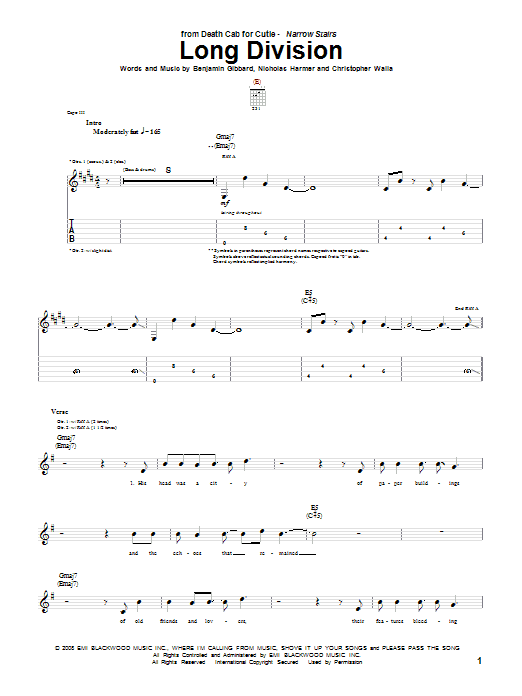 Preview Death Cab For Cutie Long Division Rock sheet music, notes and chords for Guitar Tab, SKU: 68163 Long Division sheet music