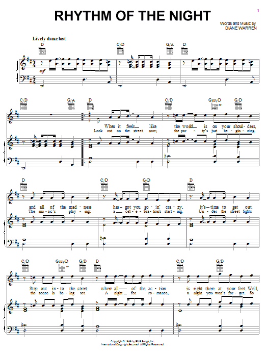 Preview DeBarge Rhythm Of The Night Pop sheet music, notes and chords for Piano, Vocal & Guitar (Right-Hand Melody), SKU: 18163 Rhythm Of The Night sheet music