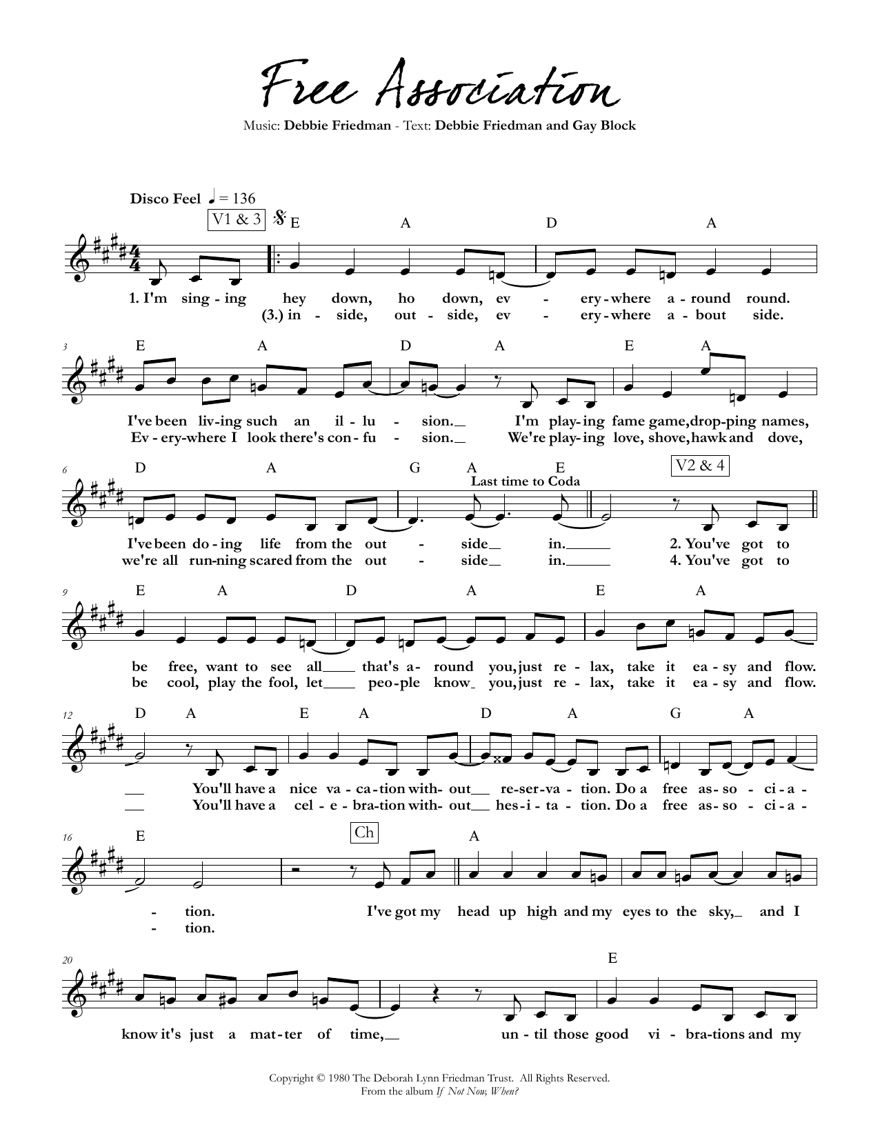 Debbie Friedman & Gay Block Free Association Sheet Music Notes & Chords for Lead Sheet / Fake Book - Download or Print PDF