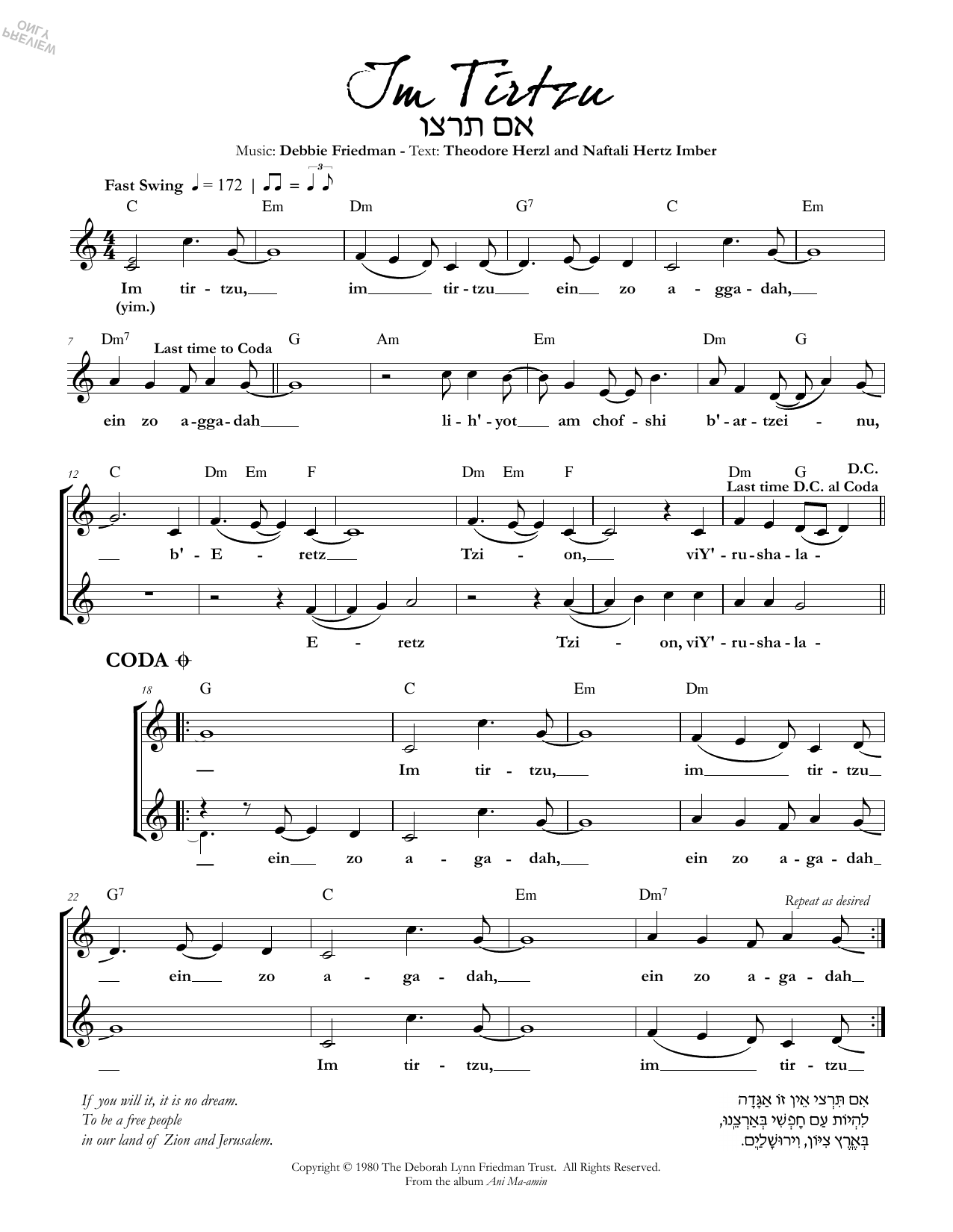 Debbie Friedman & Naphtali Herz Im Tirzu Sheet Music Notes & Chords for Lead Sheet / Fake Book - Download or Print PDF