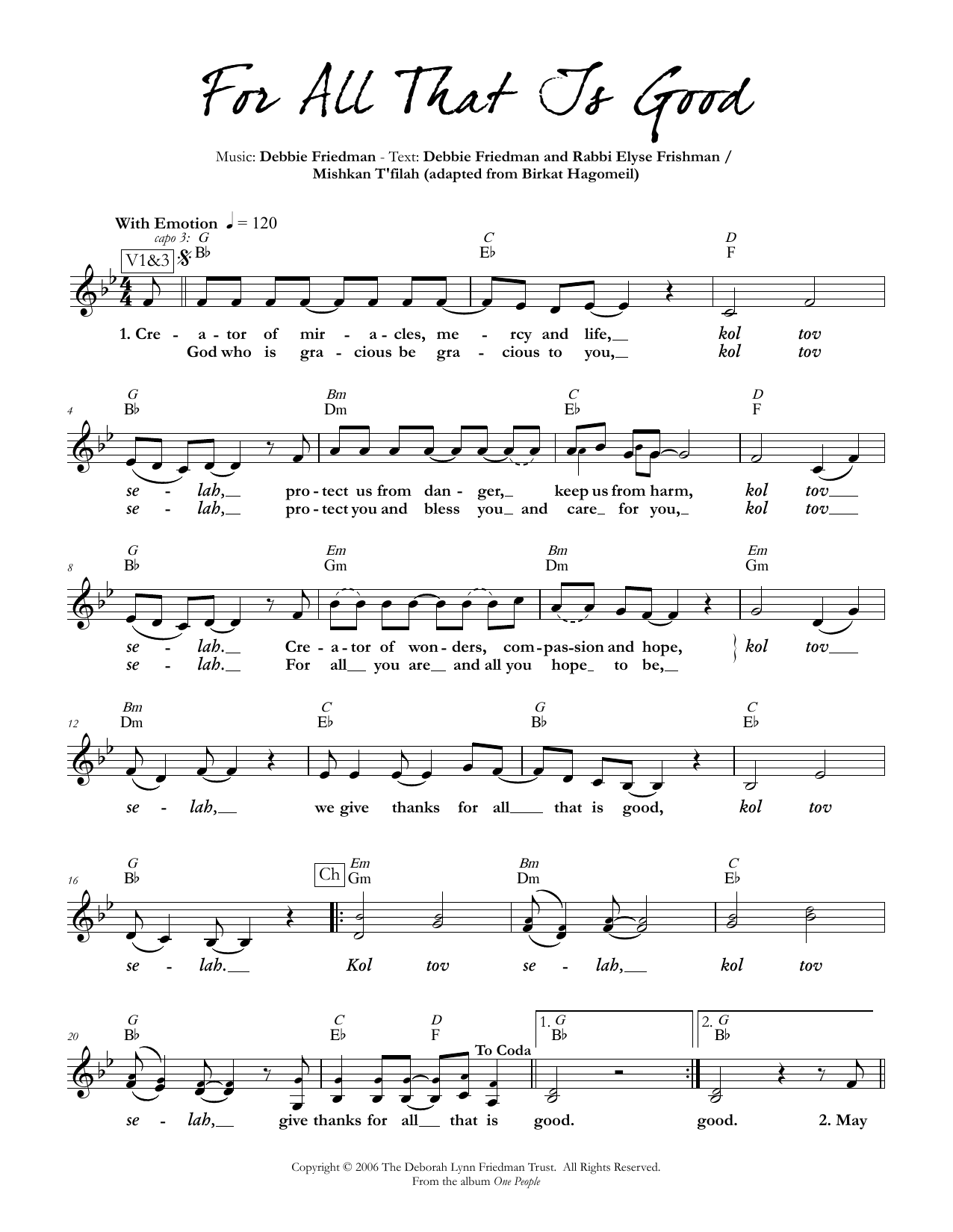 Debbie Friedman & Rabbi Elyse Frishman For All That Is Good Sheet Music Notes & Chords for Lead Sheet / Fake Book - Download or Print PDF