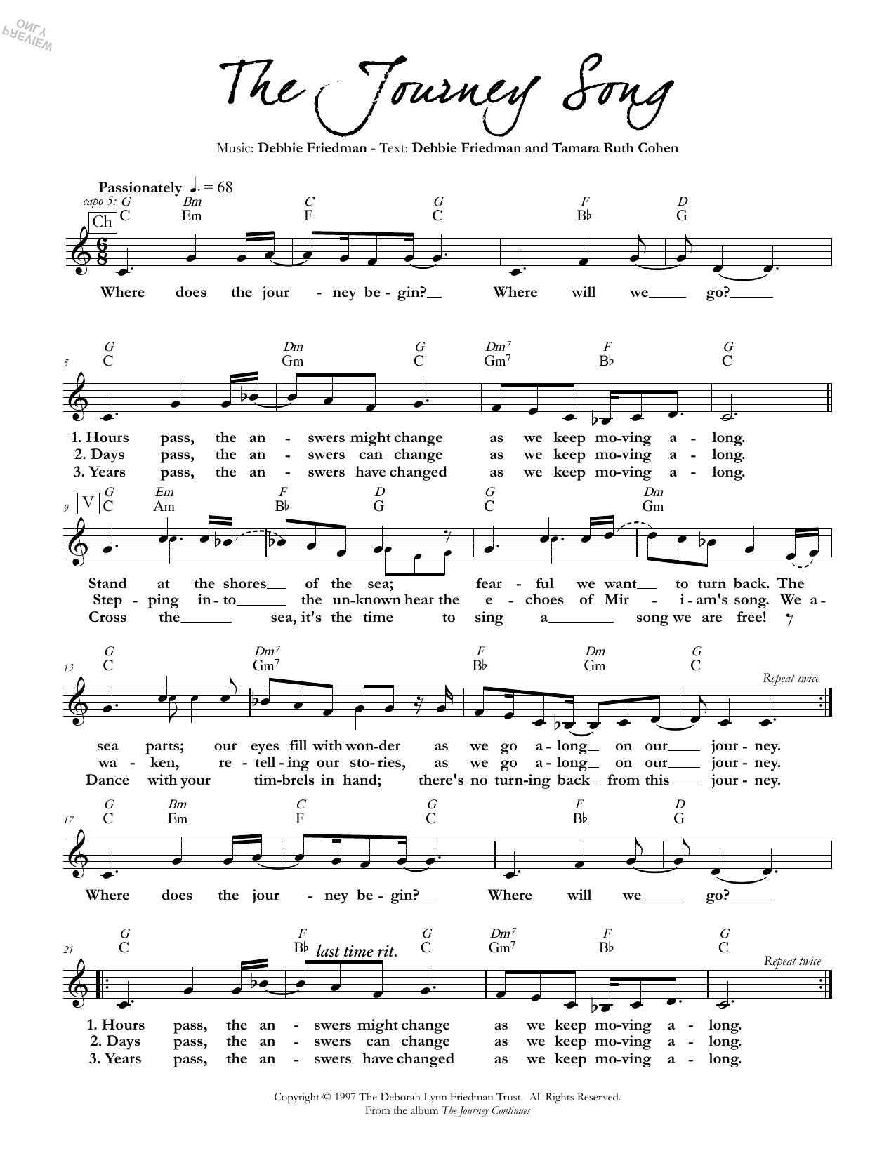 Debbie Friedman & Tamara Ruth Cohen The Journey Song Sheet Music Notes & Chords for Lead Sheet / Fake Book - Download or Print PDF