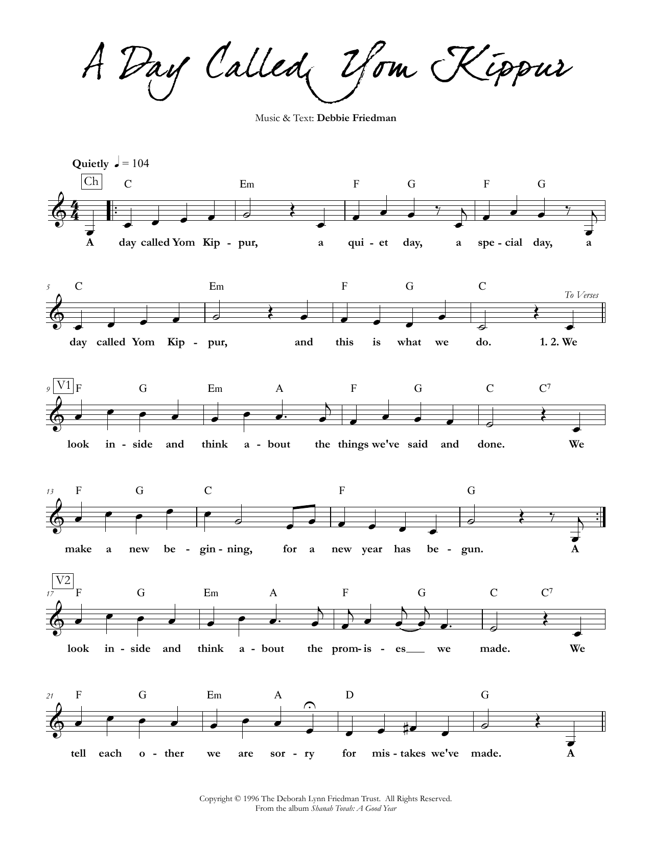 Debbie Friedman A Day Called Yom Kippur Sheet Music Notes & Chords for Lead Sheet / Fake Book - Download or Print PDF
