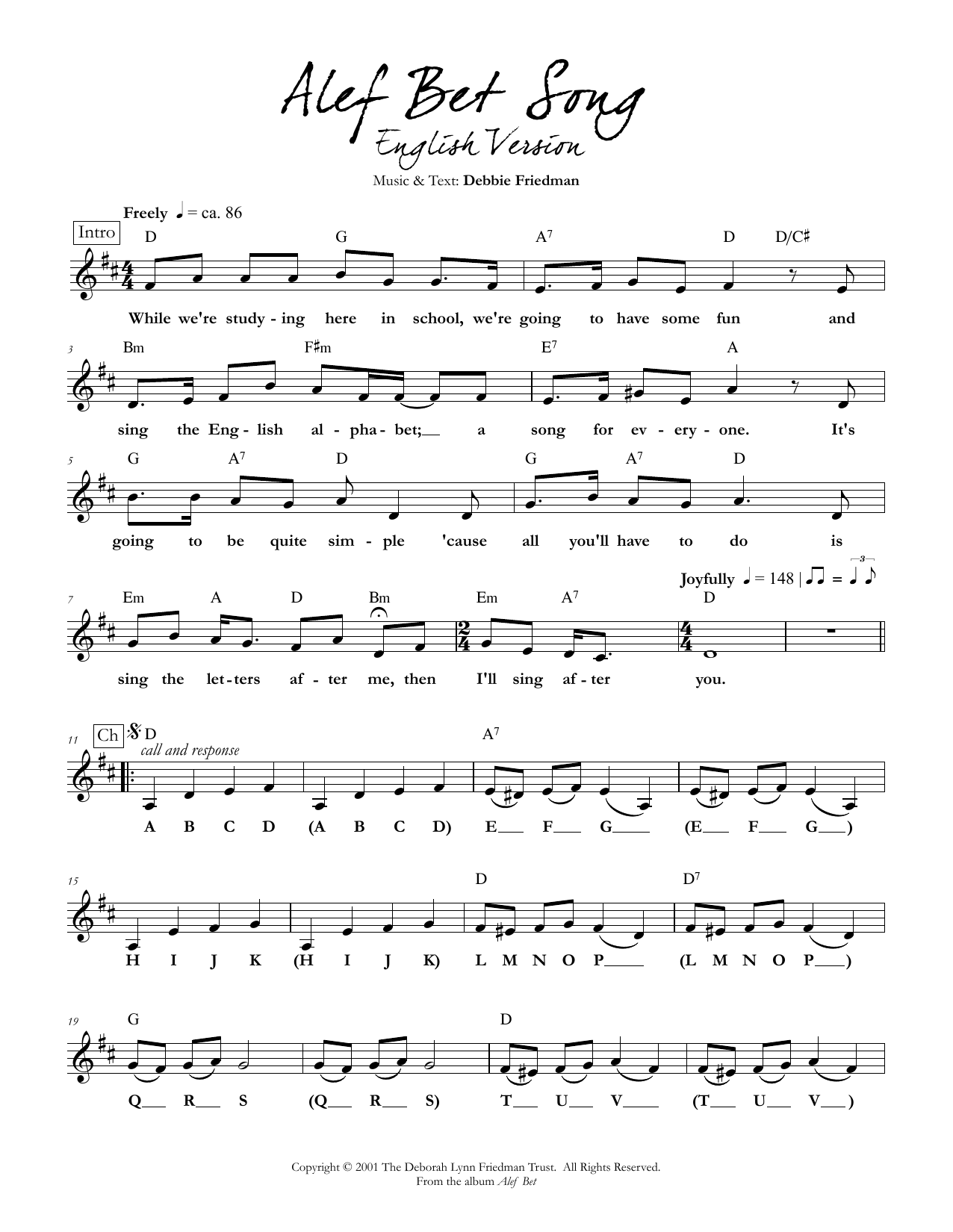 Debbie Friedman Alef Bet Song (English Version) Sheet Music Notes & Chords for Lead Sheet / Fake Book - Download or Print PDF