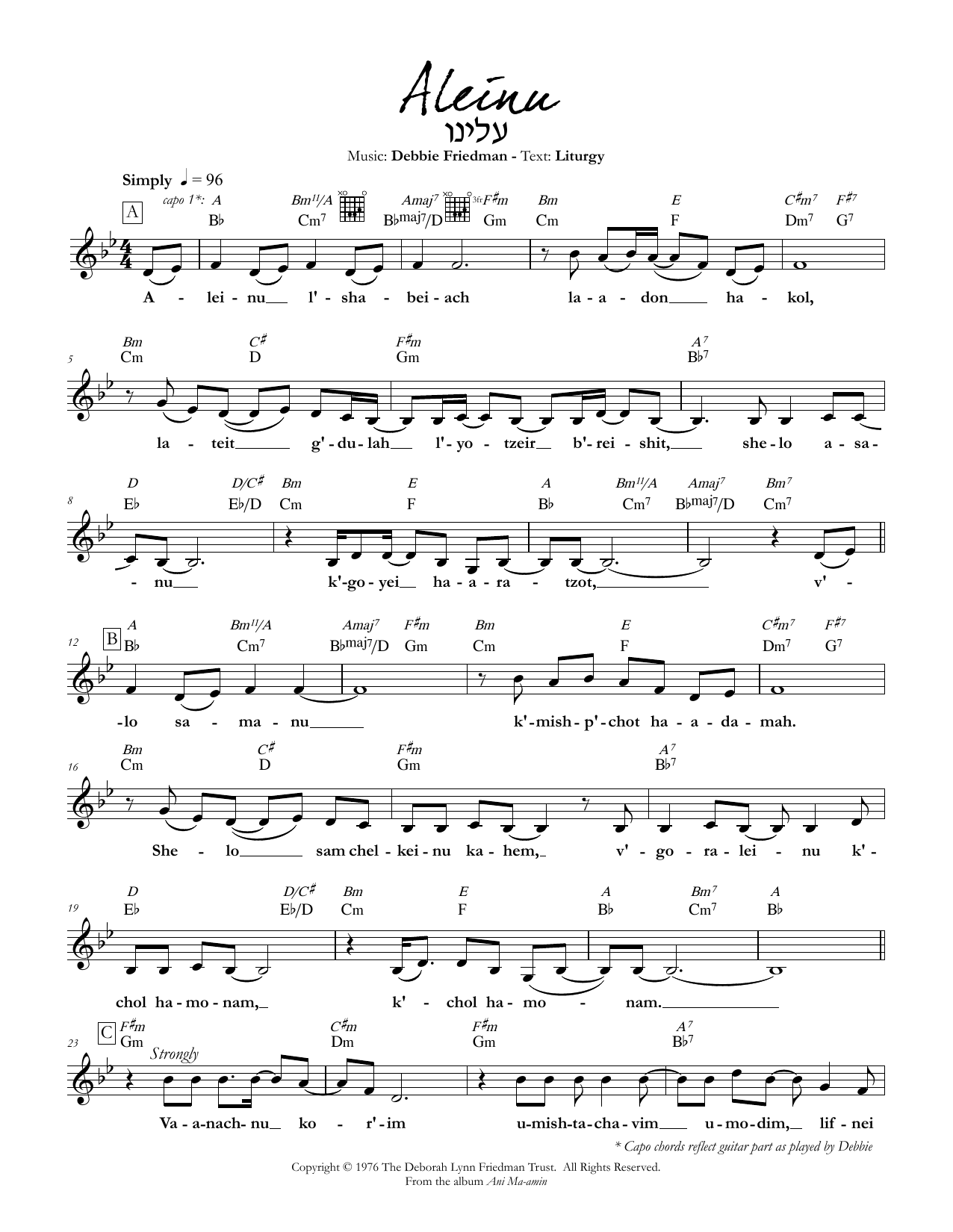 Debbie Friedman Aleinu Sheet Music Notes & Chords for Lead Sheet / Fake Book - Download or Print PDF
