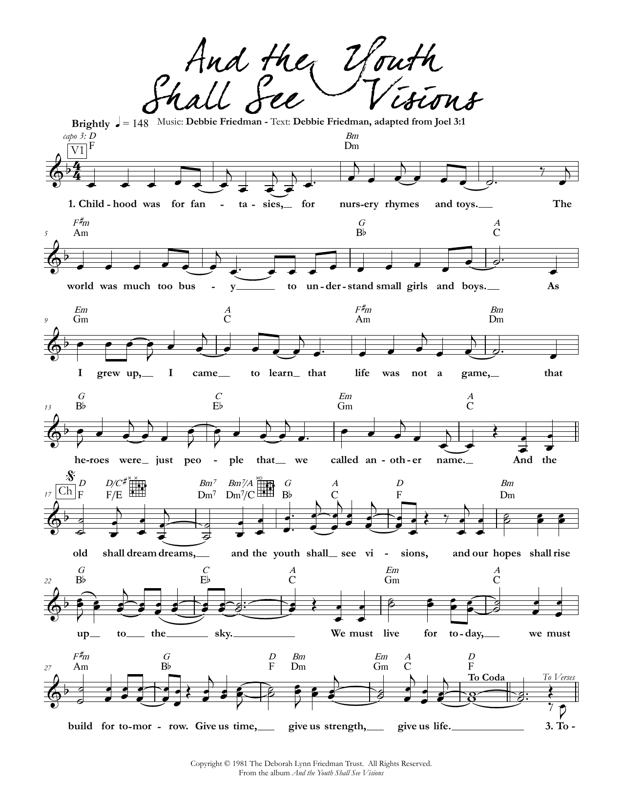 Debbie Friedman And the Youth Shall See Visions Sheet Music Notes & Chords for Lead Sheet / Fake Book - Download or Print PDF
