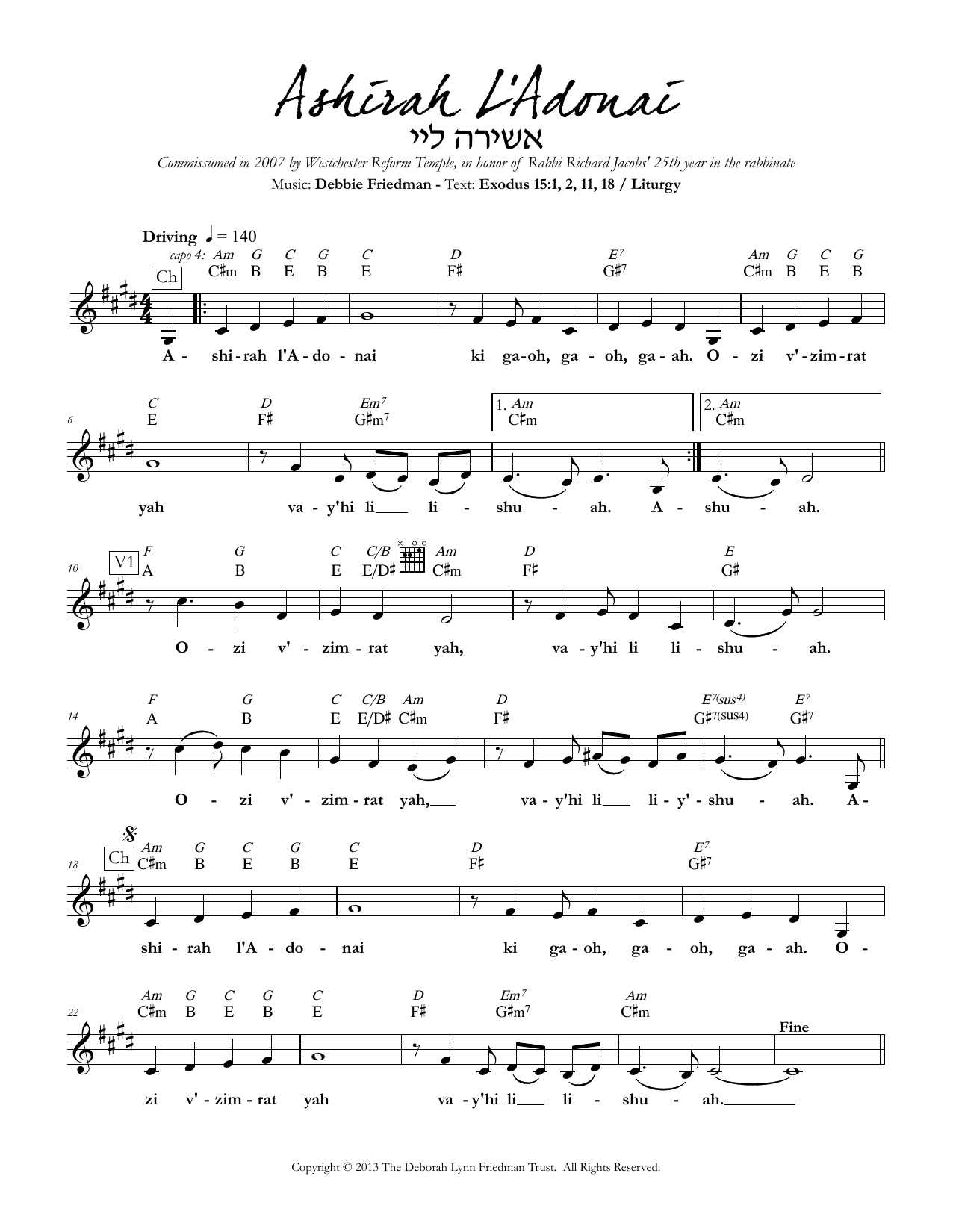 Debbie Friedman Ashirah L'Adonai Sheet Music Notes & Chords for Lead Sheet / Fake Book - Download or Print PDF