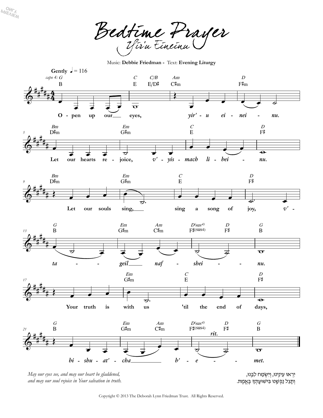 Debbie Friedman Bedtime Prayer (Yir'u Eineinu) Sheet Music Notes & Chords for Lead Sheet / Fake Book - Download or Print PDF