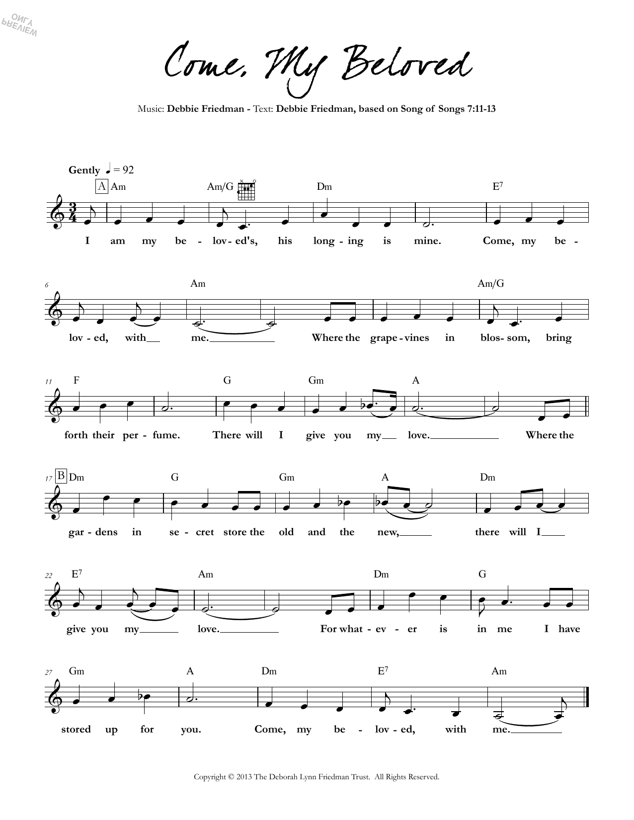 Debbie Friedman Come, My Beloved Sheet Music Notes & Chords for Lead Sheet / Fake Book - Download or Print PDF