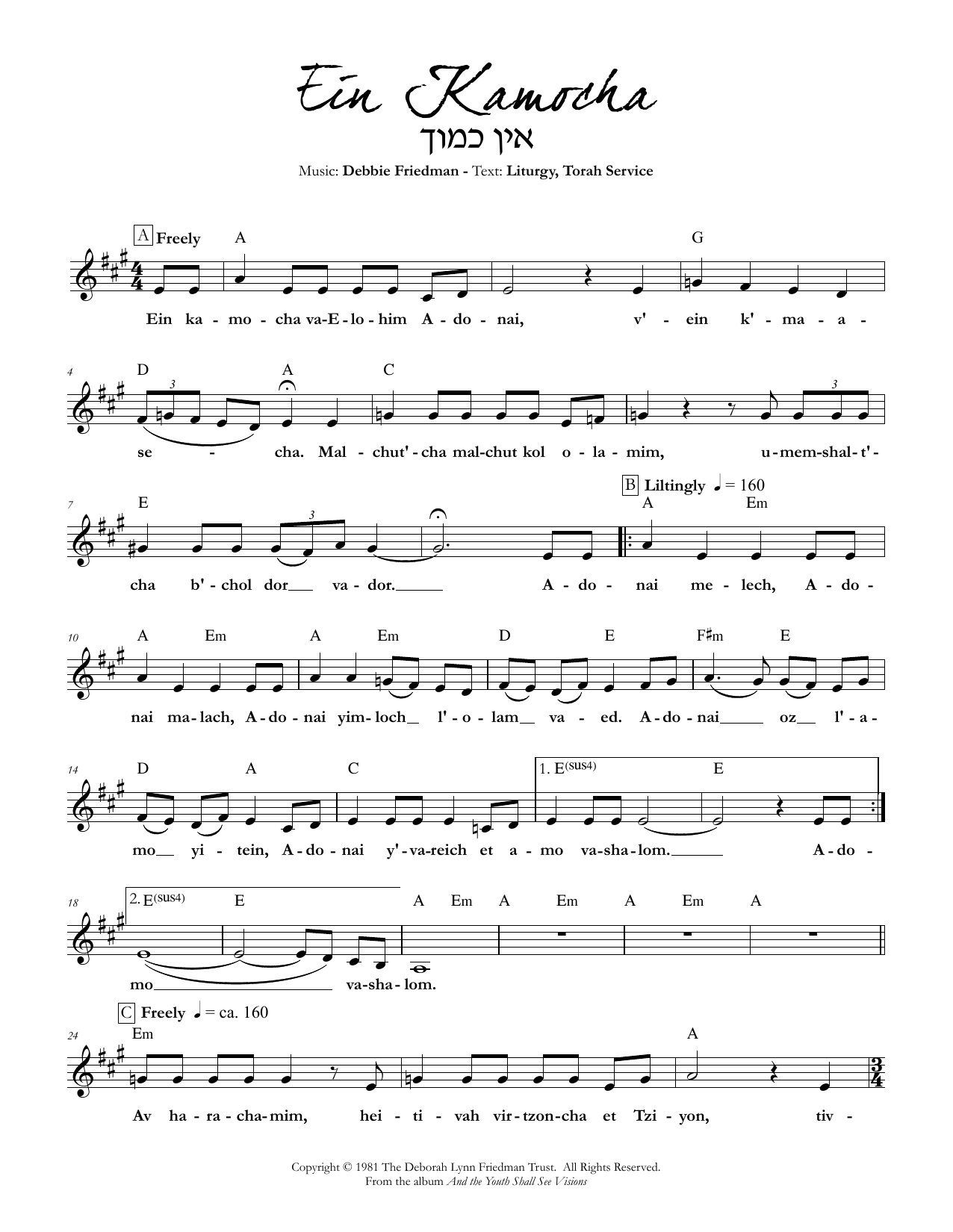 Debbie Friedman Ein Kamocha Sheet Music Notes & Chords for Lead Sheet / Fake Book - Download or Print PDF
