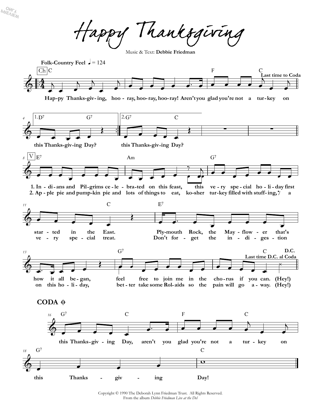 Debbie Friedman Happy Thanksgiving Sheet Music Notes & Chords for Lead Sheet / Fake Book - Download or Print PDF