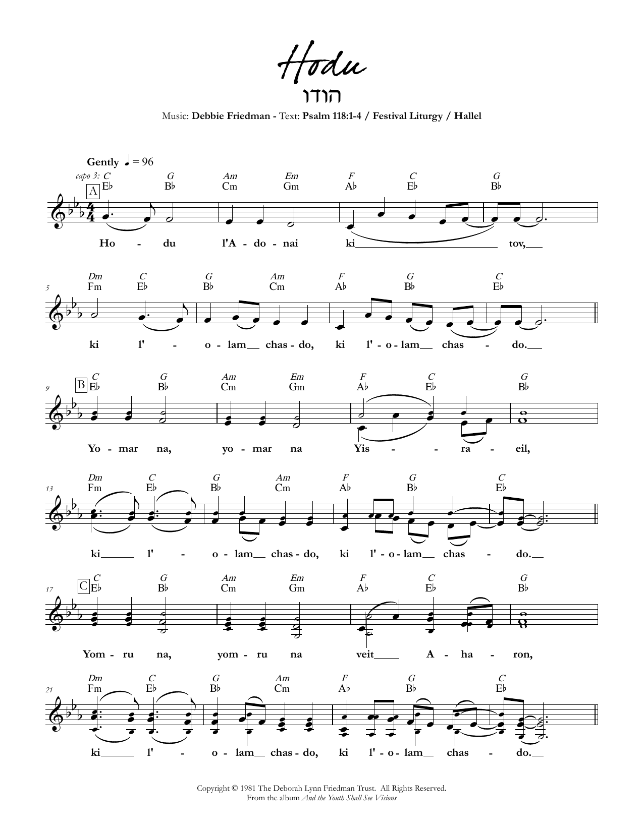 Debbie Friedman Hodu Sheet Music Notes & Chords for Lead Sheet / Fake Book - Download or Print PDF