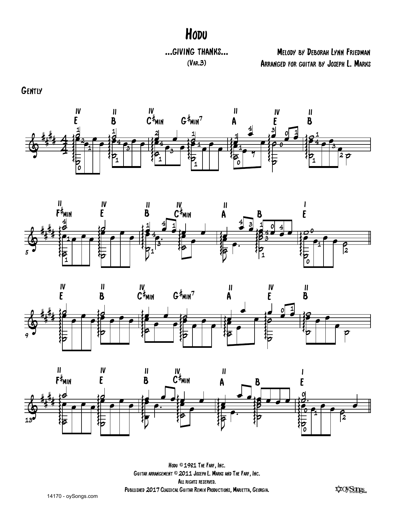 Debbie Friedman Hodu Var 3 (arr. Joe Marks) Sheet Music Notes & Chords for Guitar Tab - Download or Print PDF