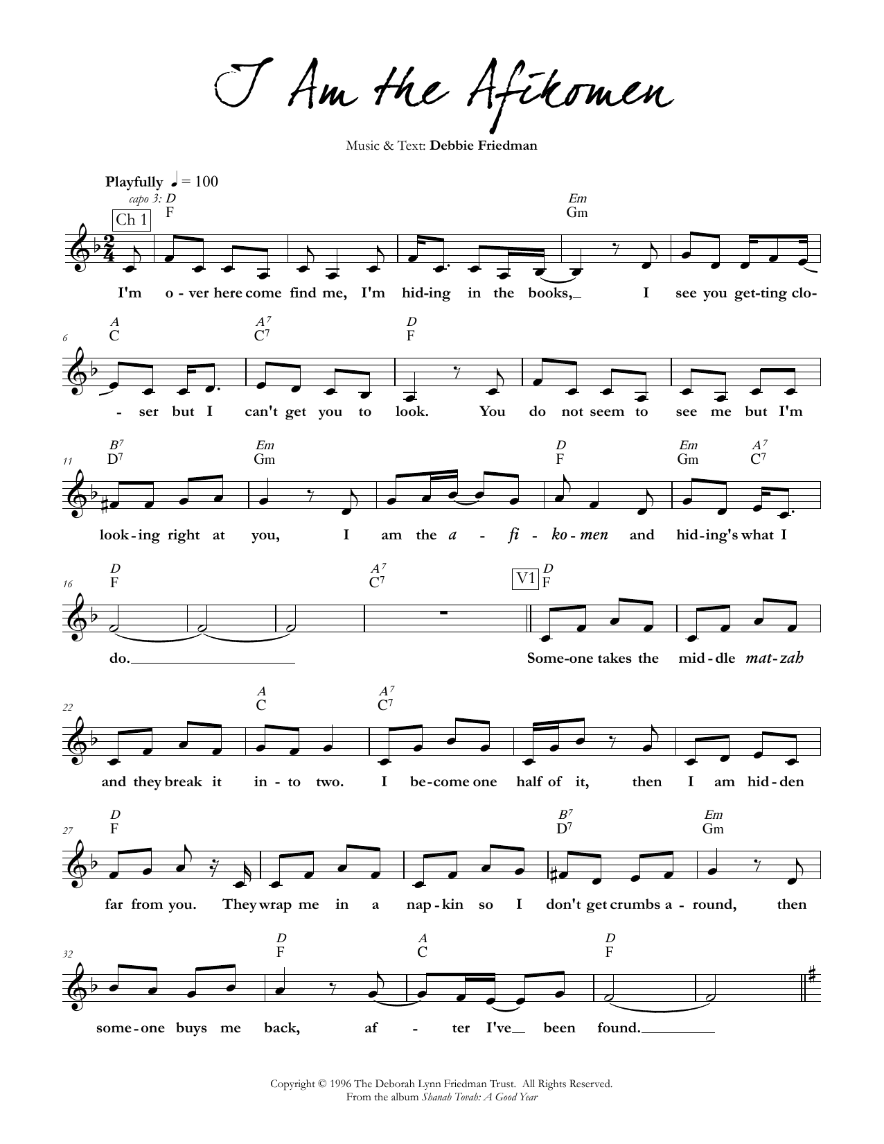 Debbie Friedman I Am the Afikomen Sheet Music Notes & Chords for Lead Sheet / Fake Book - Download or Print PDF