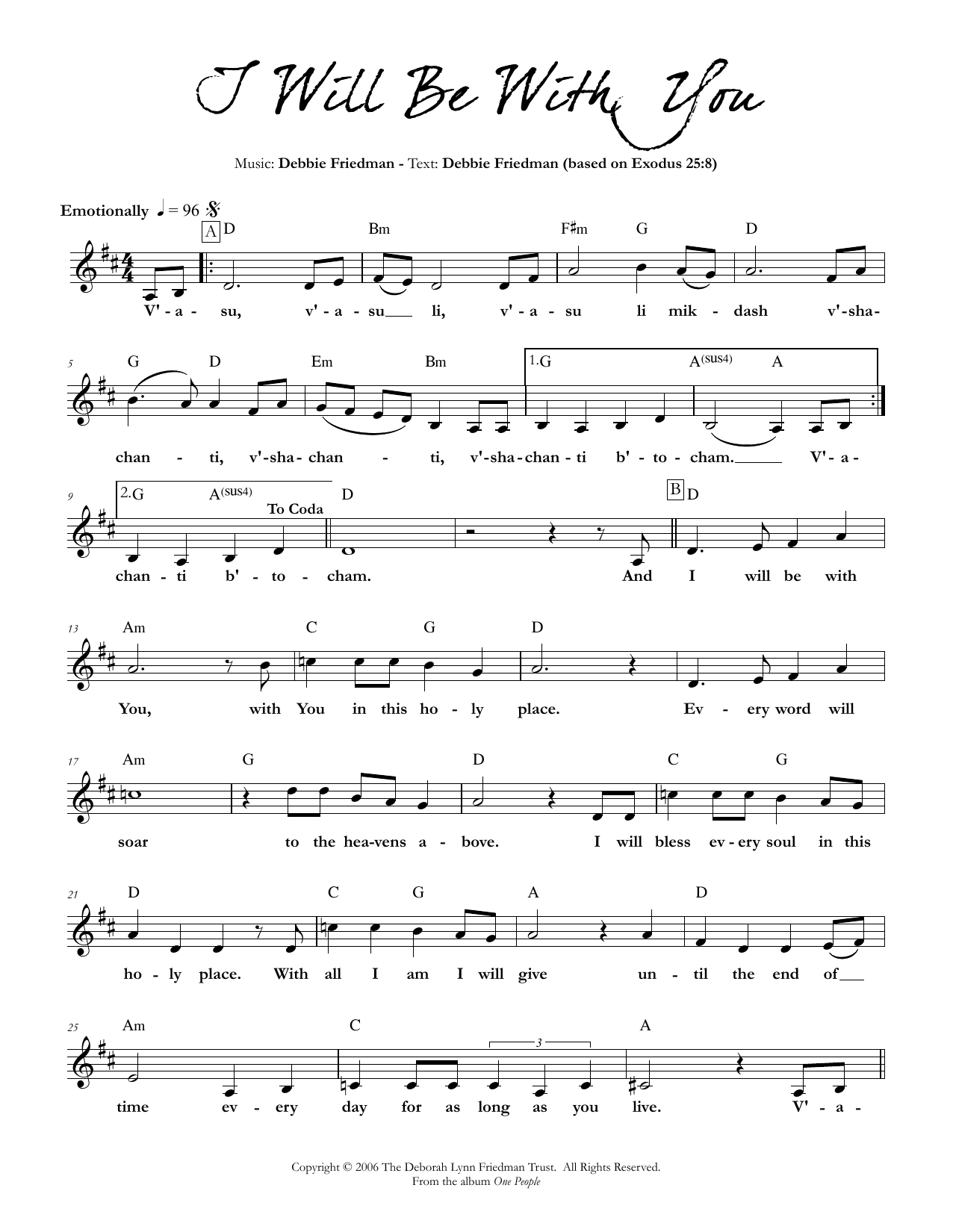 Debbie Friedman I Will Be With You Sheet Music Notes & Chords for Lead Sheet / Fake Book - Download or Print PDF