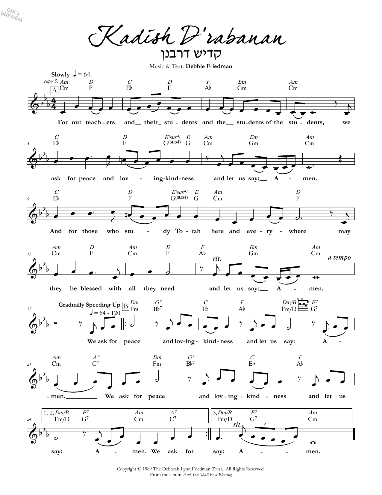 Debbie Friedman Kadish D'rabanan Sheet Music Notes & Chords for Lead Sheet / Fake Book - Download or Print PDF