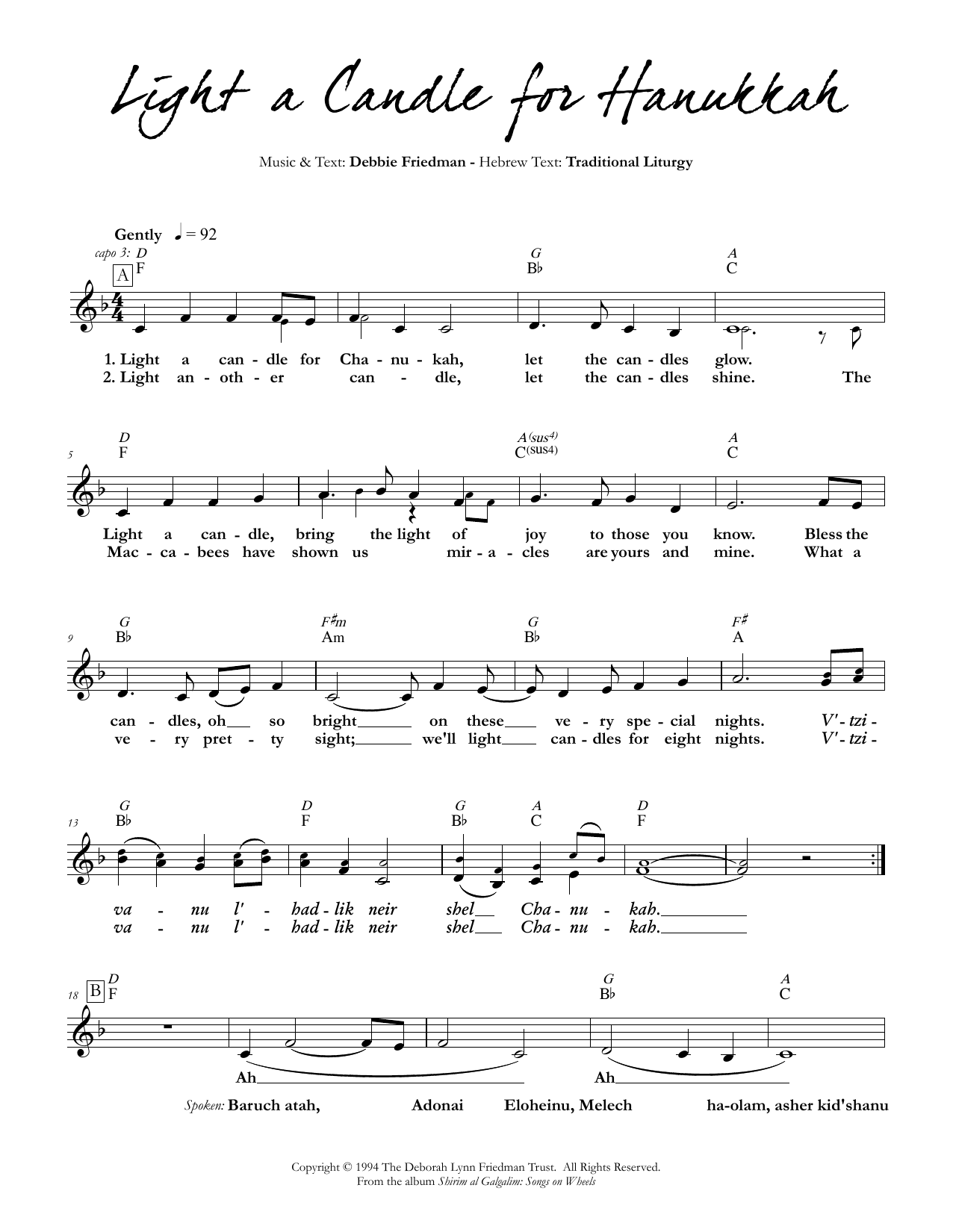 Debbie Friedman Light a Candle for Hanukkah Sheet Music Notes & Chords for Lead Sheet / Fake Book - Download or Print PDF