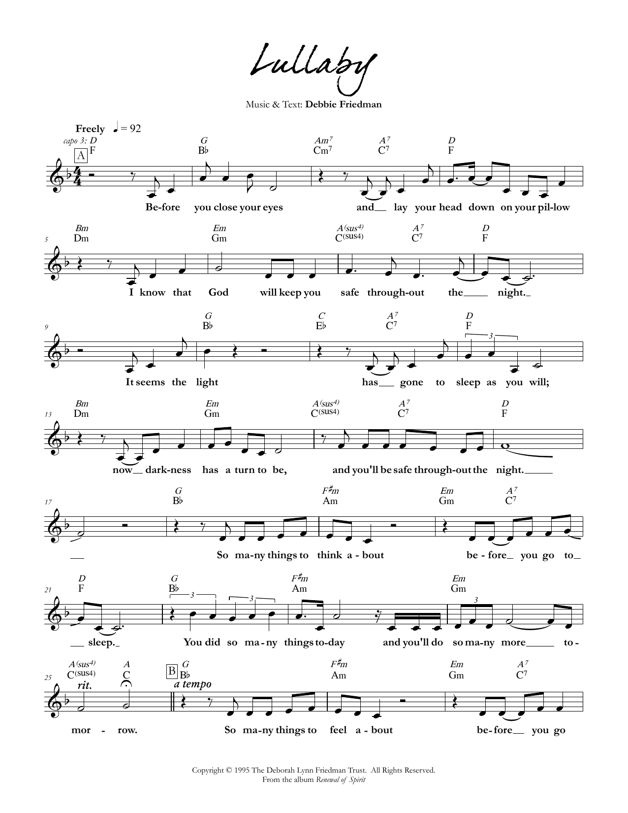 Debbie Friedman Lullaby Sheet Music Notes & Chords for Lead Sheet / Fake Book - Download or Print PDF
