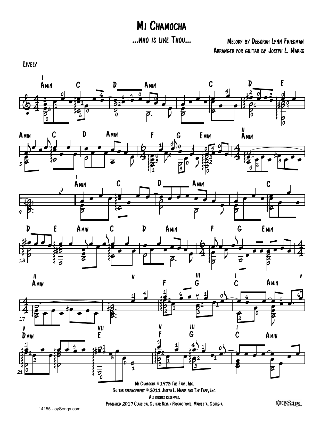 Debbie Friedman Mi Chamocha (arr. Joe Marks) Sheet Music Notes & Chords for Solo Guitar Tab - Download or Print PDF