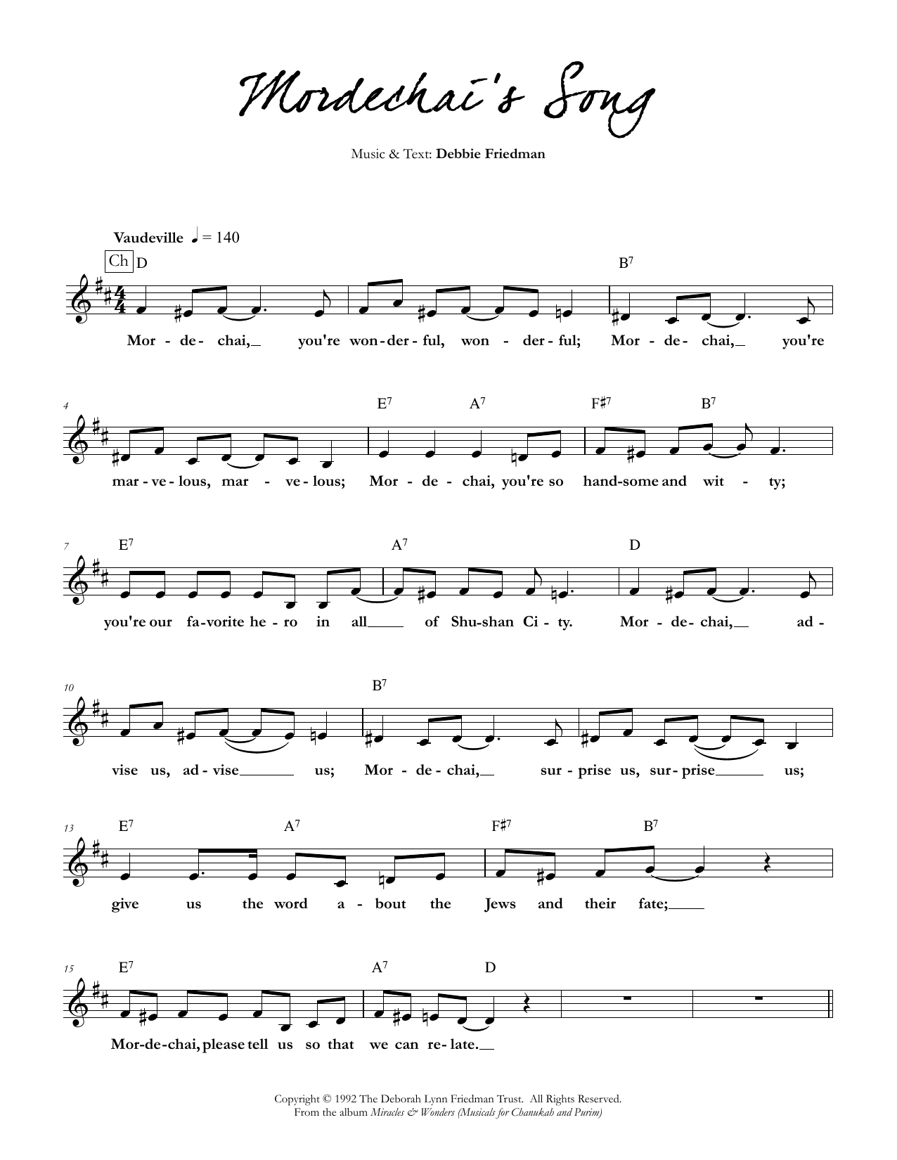 Debbie Friedman Mordechai's Song Sheet Music Notes & Chords for Lead Sheet / Fake Book - Download or Print PDF