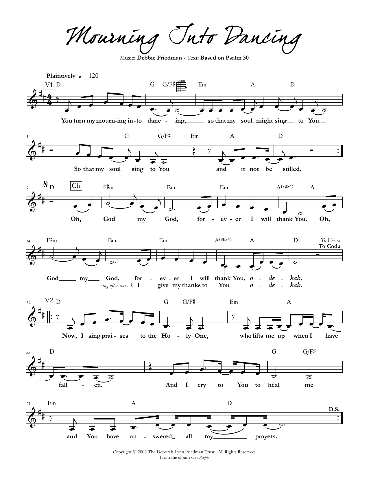 Debbie Friedman Mourning Into Dancing Sheet Music Notes & Chords for Lead Sheet / Fake Book - Download or Print PDF